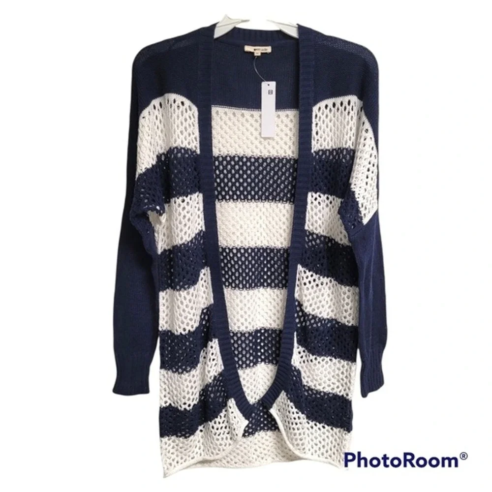 Lamade Navy Blue And White Striped Nautical Open Front‎ Knit Beachy Cardigan XS
